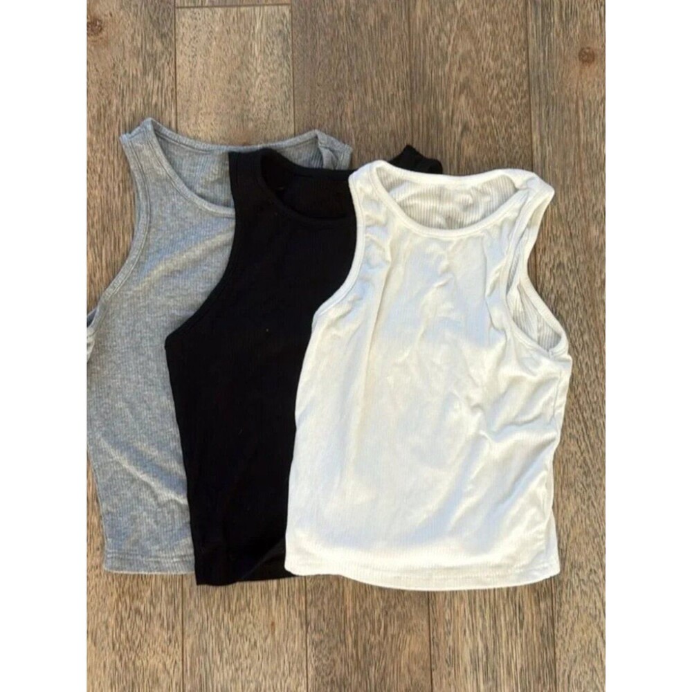 Lot 3 Soft Ribbed Knit Crop Tank Tops Black White Grey XS